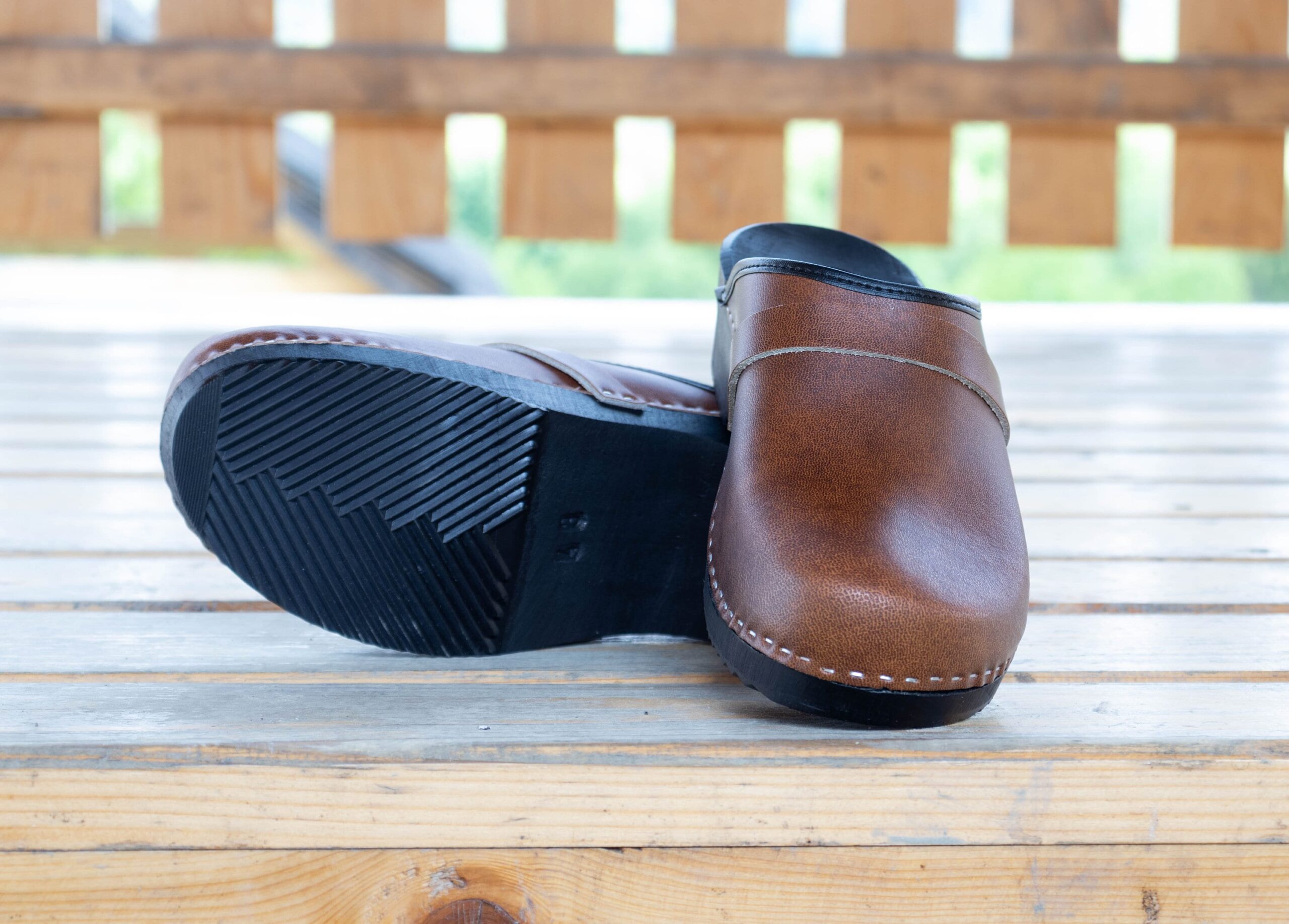 Handmade wooden clogs for men with tan leather band